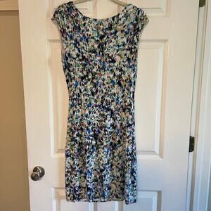 Ann Taylor Multicolor Floral Print Cap-Sleeve Dress - Blue, Green, Black, White